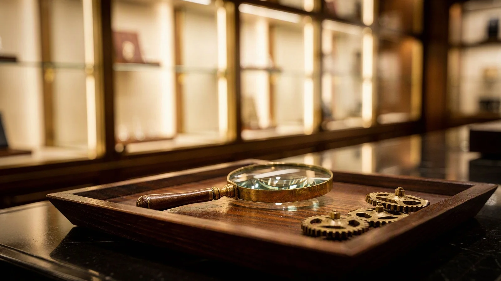 Illuminated luxury watch display cases with a watchmaker's tool tray in the foreground, warm mall lighting, no readable brand marks