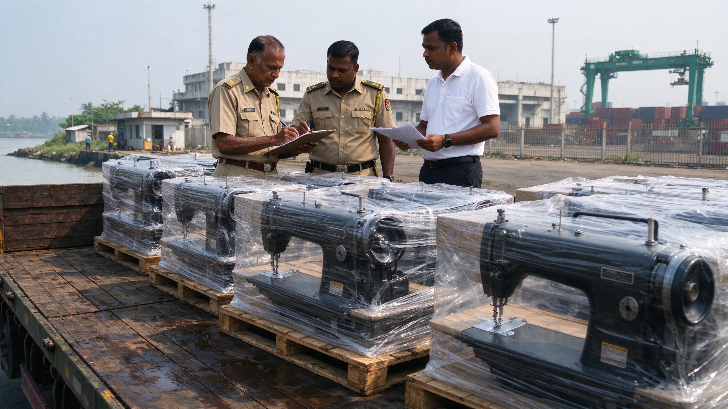Bright hazy midday at a Chittagong customs lane beside shrink-wrapped industrial sewing machines on pallets, customs officers reviewing paperwork with a logistics manager beside a half-loaded flatbed truck