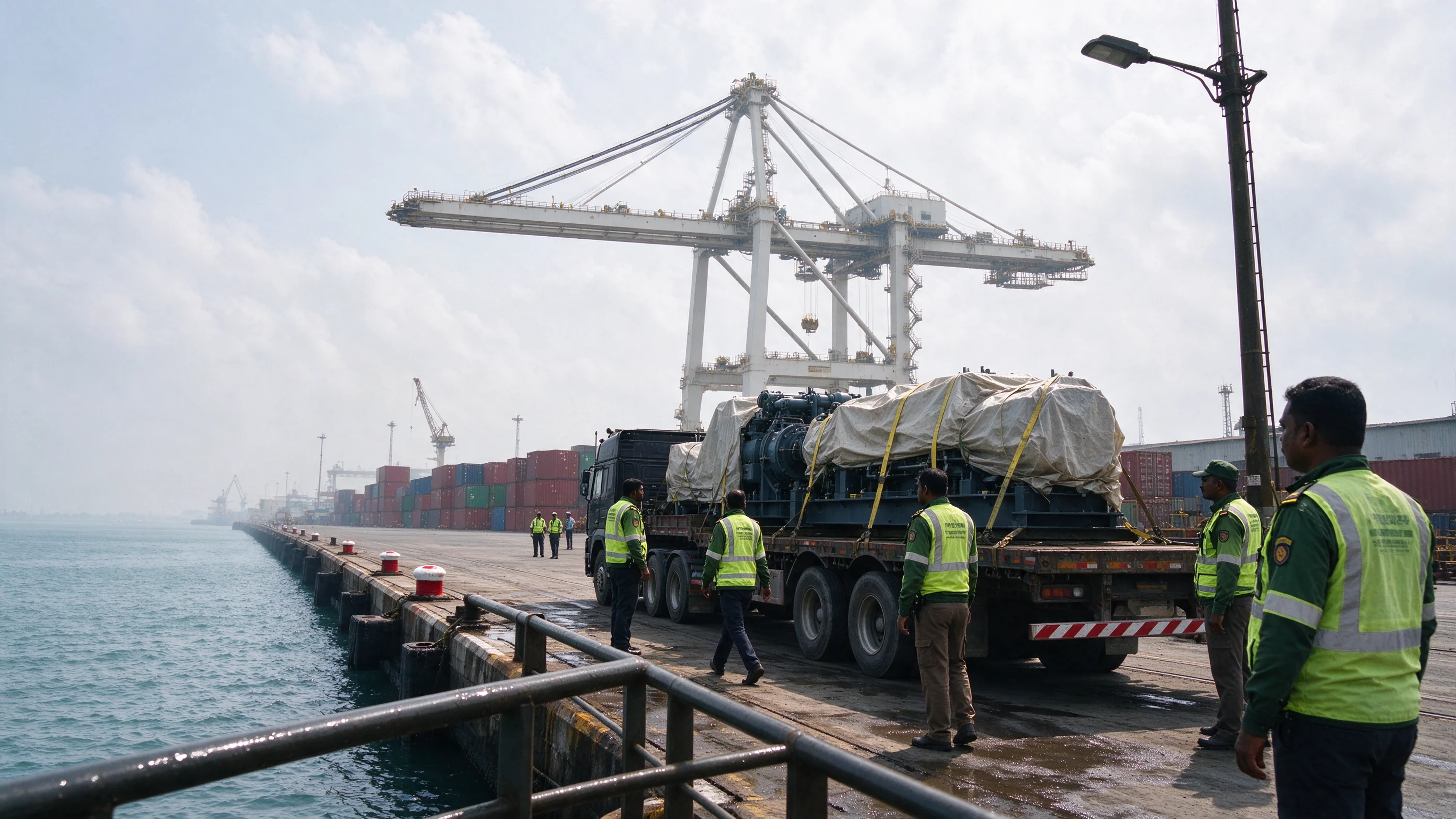 Overcast midday at Chittagong port with containers on the quay, customs officers inspecting industrial machinery on a flatbed truck beside an idle gantry crane