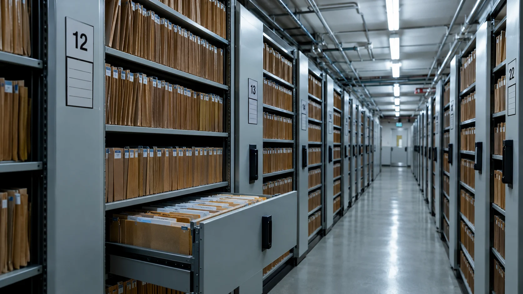 Underground archive corridor with rolling racks of leveraged loan files in expandable folders, one drawer half-open under fluorescent light