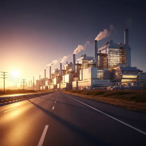 A long, sunlit highway leading toward a distant, gleaming battery plant, purple dusk melting into a promise of production