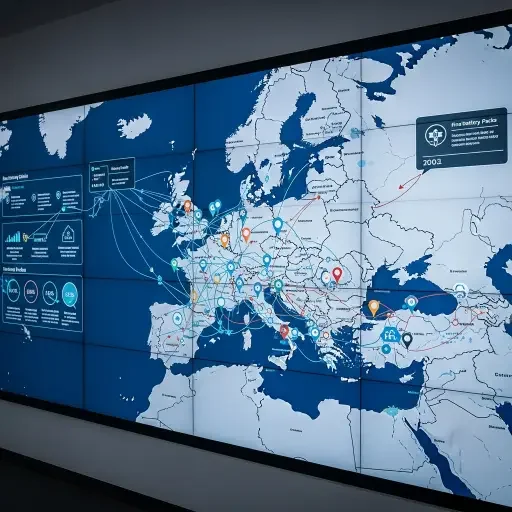 A wall-sized display map tracks the battery supply chain from raw materials to final packs, with pins over Europe