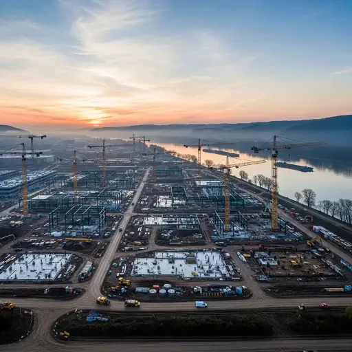 Aerial view of an expansive industrial campus under construction, cranes dotting the horizon with a river and distant hills