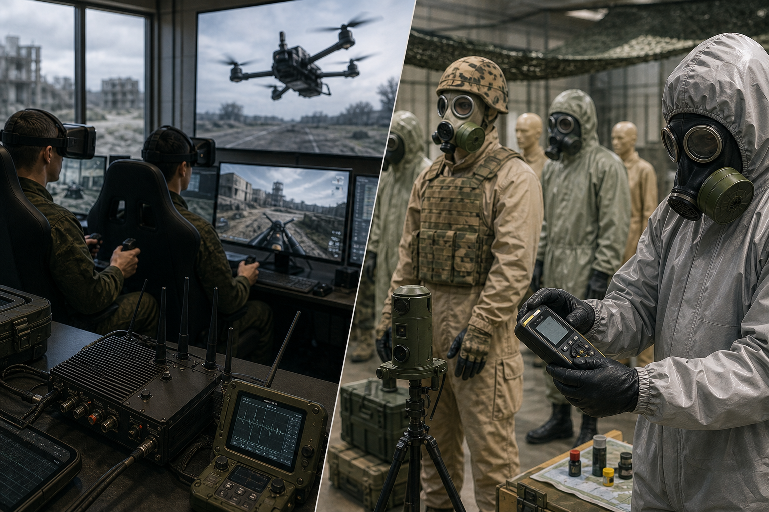 Split illustration of FPV drone flight simulators and radiological-chemical protection training equipment in a military facility