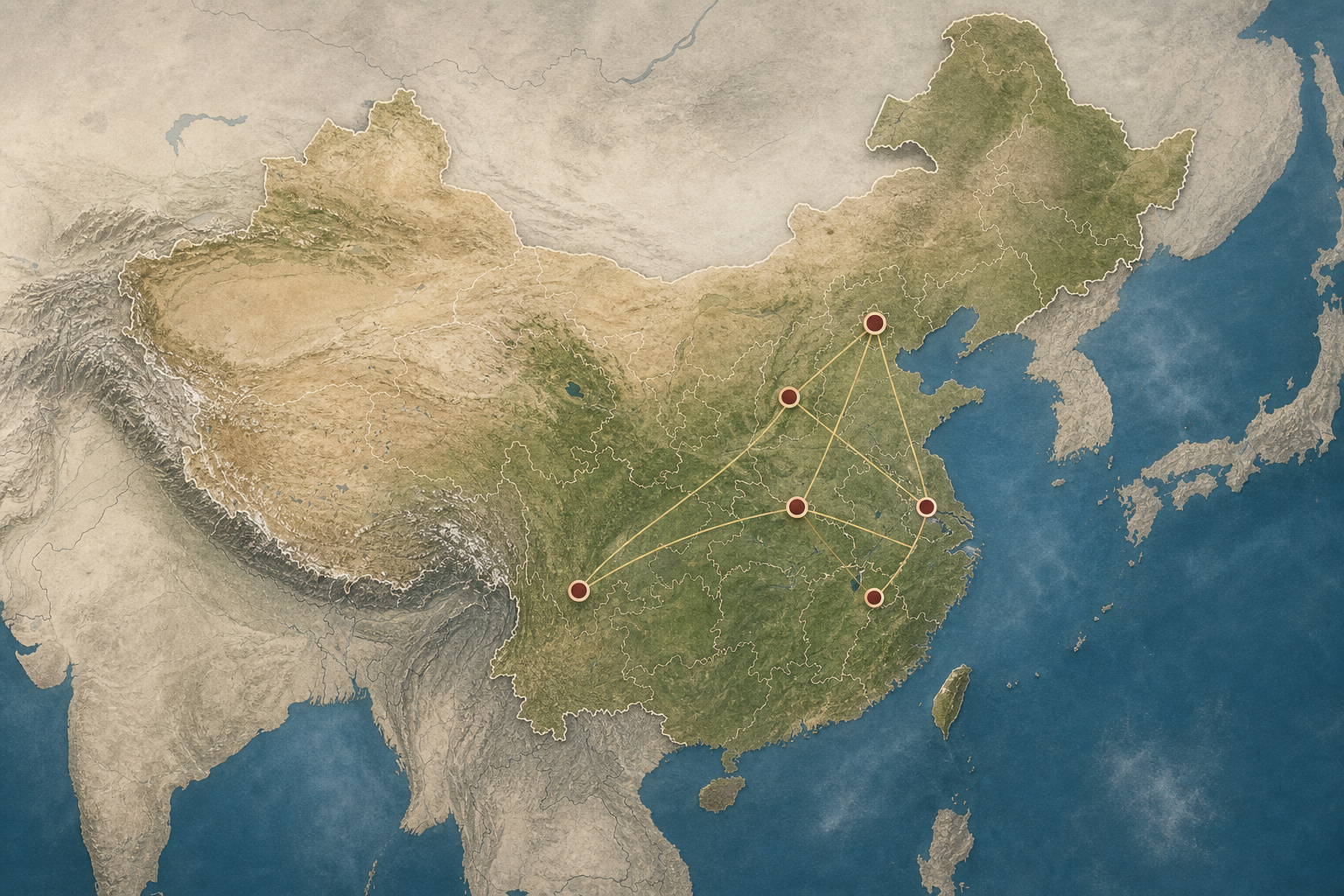 Map-style illustration of PLA training facility locations across China connected by exchange routes