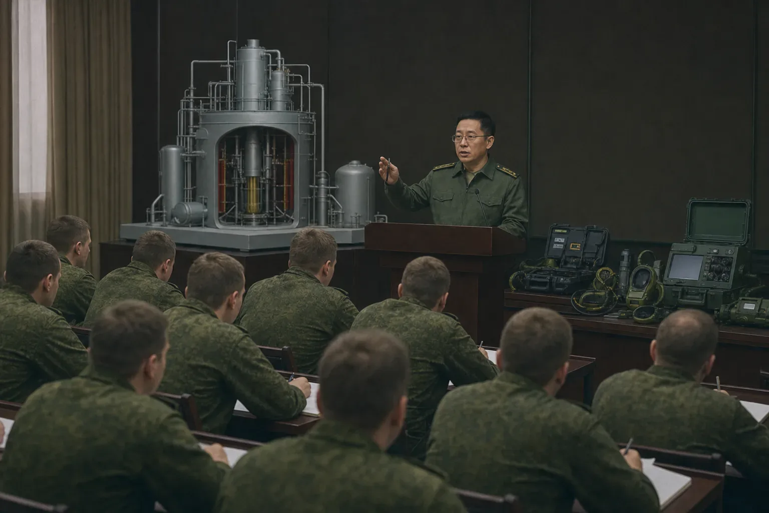 Military classroom with instructor beside a model nuclear reactor training Russian soldiers in uniform at desks