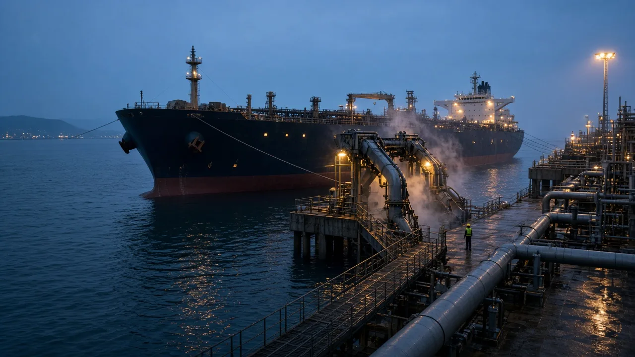 A crude carrier at a Chinese coastal terminal jetty under sodium light, loading arms connected