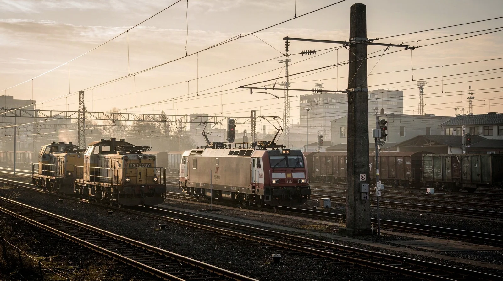 A freight yard where overhead catenary ends at a concrete mast while diesel locomotives wait on an adjacent track in late-afternoon light