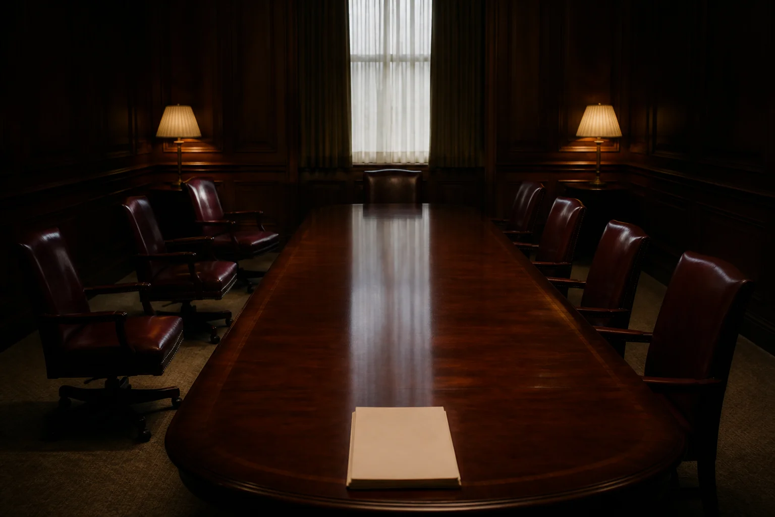 An emptied mahogany conference table after hours, three leather chairs rolled far back and the rest only slightly askew under one shaft of late light