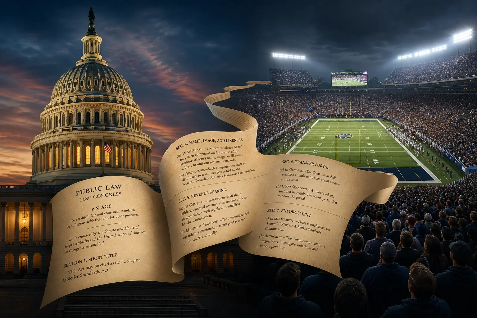 Split view of the U.S. Capitol and a packed college football stadium at dusk, linked by a legal-document ribbon suggesting federal codification of NIL and antitrust rules
