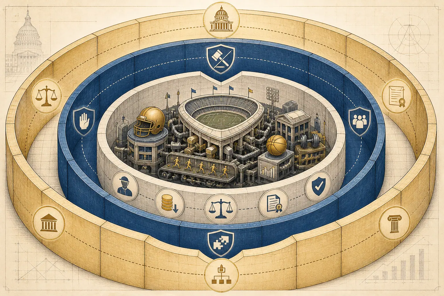 Architectural diagram of federal NIL caps, third-party attestation, and antitrust immunity wrapping a college athletics machine