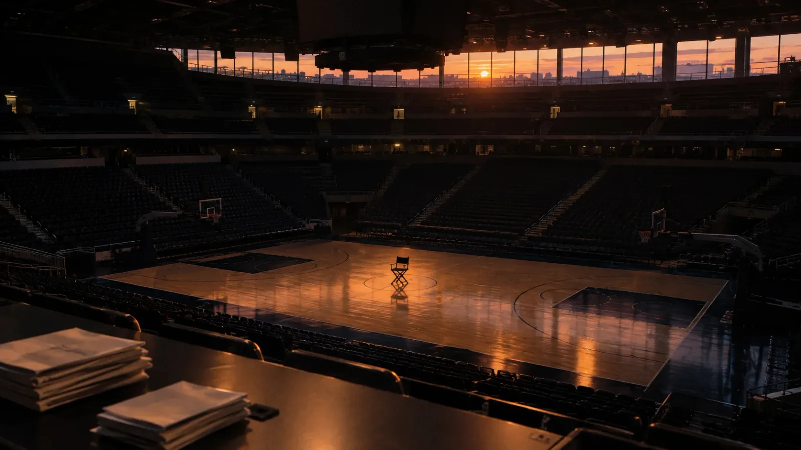 Dusk in an empty professional basketball arena with a single director's chair at center court and folded admission packets on the scorer's table