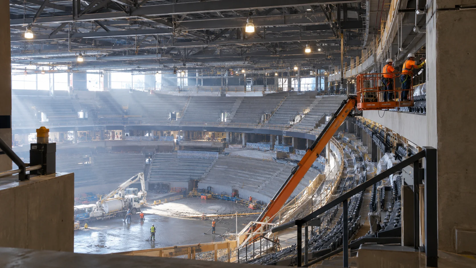 Telephoto view into an indoor sports arena under renovation with ironworkers on a lift installing upper-bowl seating and exposed roof trusses