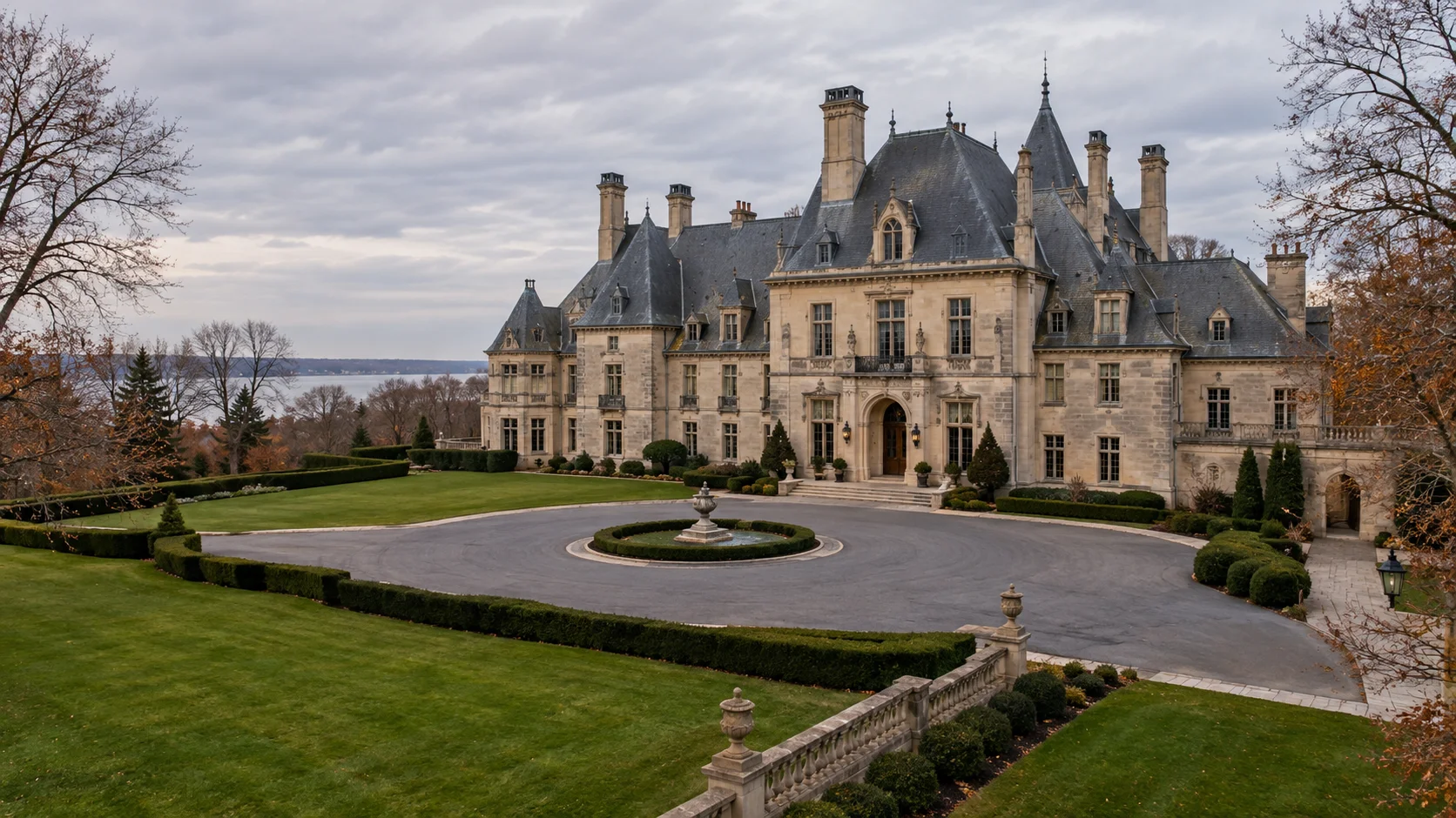 Oheka Castle limestone facade and formal lawns under overcast autumn light with empty valet lane and no event guests