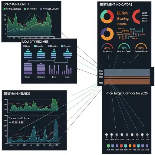 A composite graphic showing on-chain health, liquidity regimes, and sentiment indicators converging toward a price target corridor for 2026