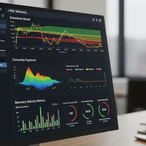 A risk telemetry panel showing drawdown bands, convexity exposure, and recovery velocity metrics