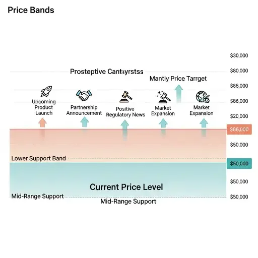 An annotated chart showing price bands at $30k, $50k, and current $86k levels with prospective catalysts highlighted