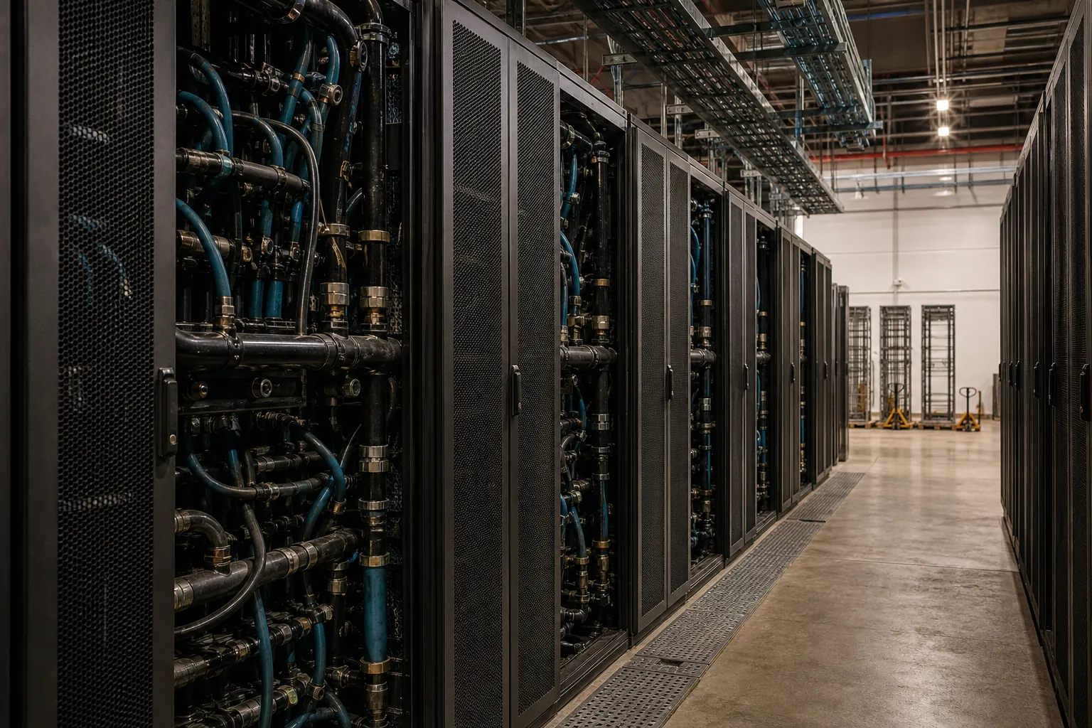 Liquid-cooled server aisles inside a high-density compute hall being readied for GPU tenants