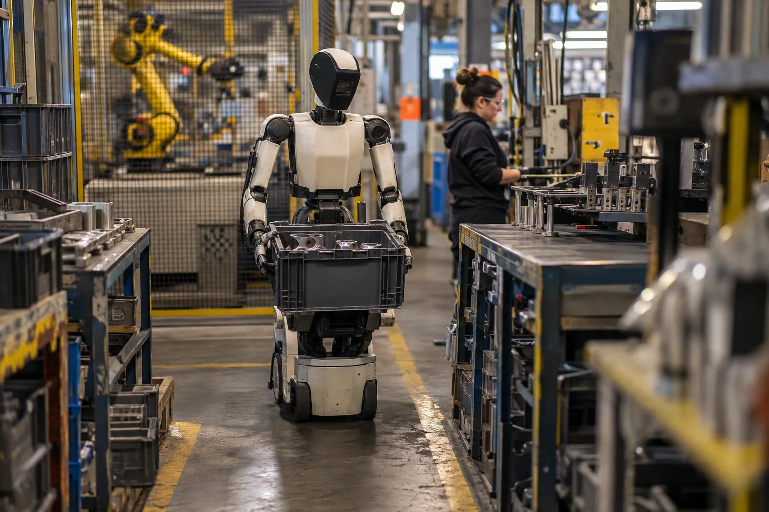 A wheeled humanoid robot carries a parts tote along a narrow factory aisle while a fixed industrial robot operates behind a safety fence