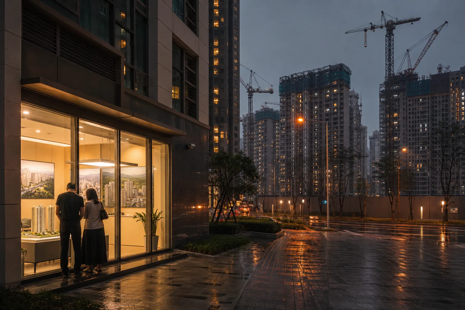 Evening apartment canyon in Seoul with construction cranes and a couple viewing floor plans through a ground-floor office window