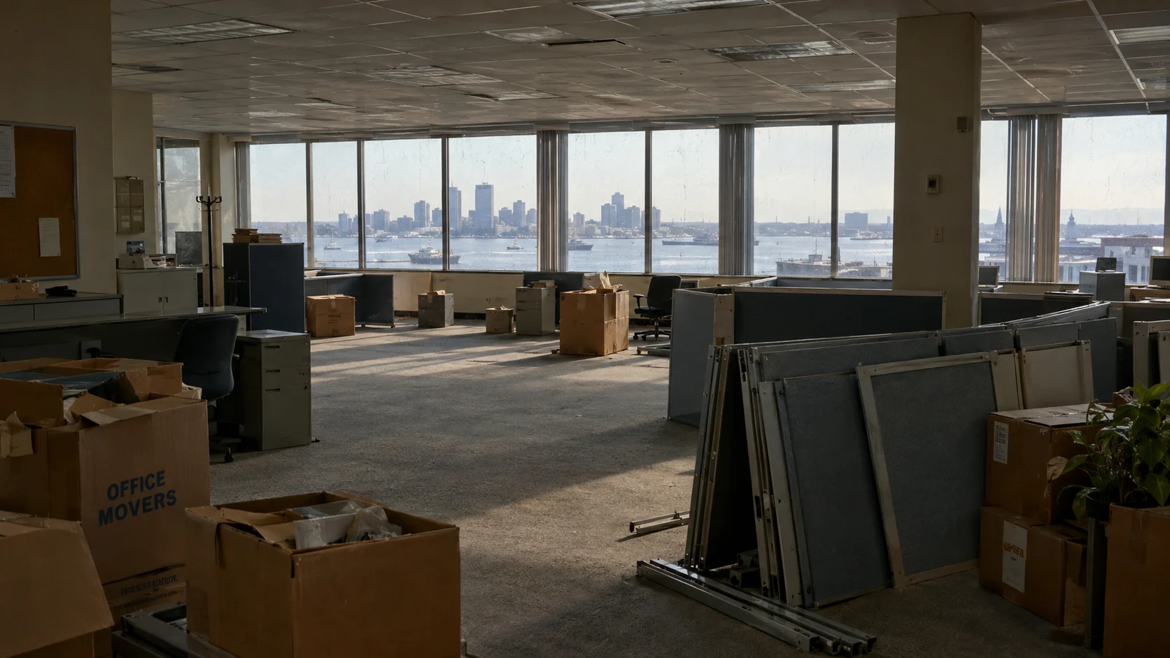 Partially vacant 1980s office floor with cardboard moving boxes, stripped cubicle panels, and a distant glimpse of the harbor through dirty windows