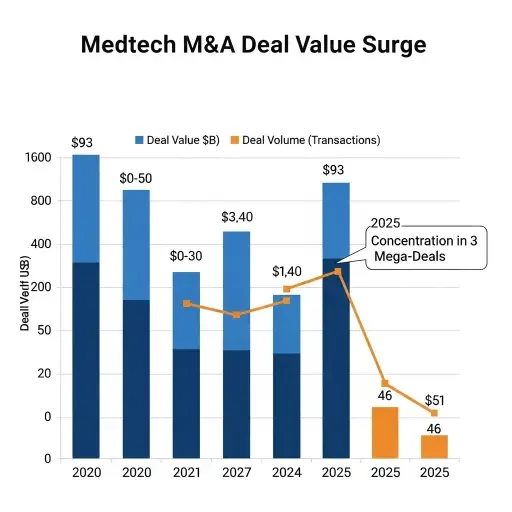 Bar chart showing medtech M&A deal value surge to ~$93B in 2025 with only 46 transactions, highlighting concentration in three mega-deals versus historical volume distribution