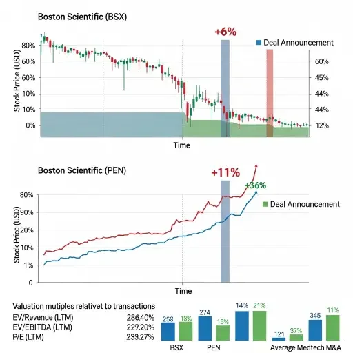 Stock price chart showing Boston Scientific shares declining 6% and Penumbra shares rising 11% on deal announcement, with valuation multiples comparison to recent medtech M&A