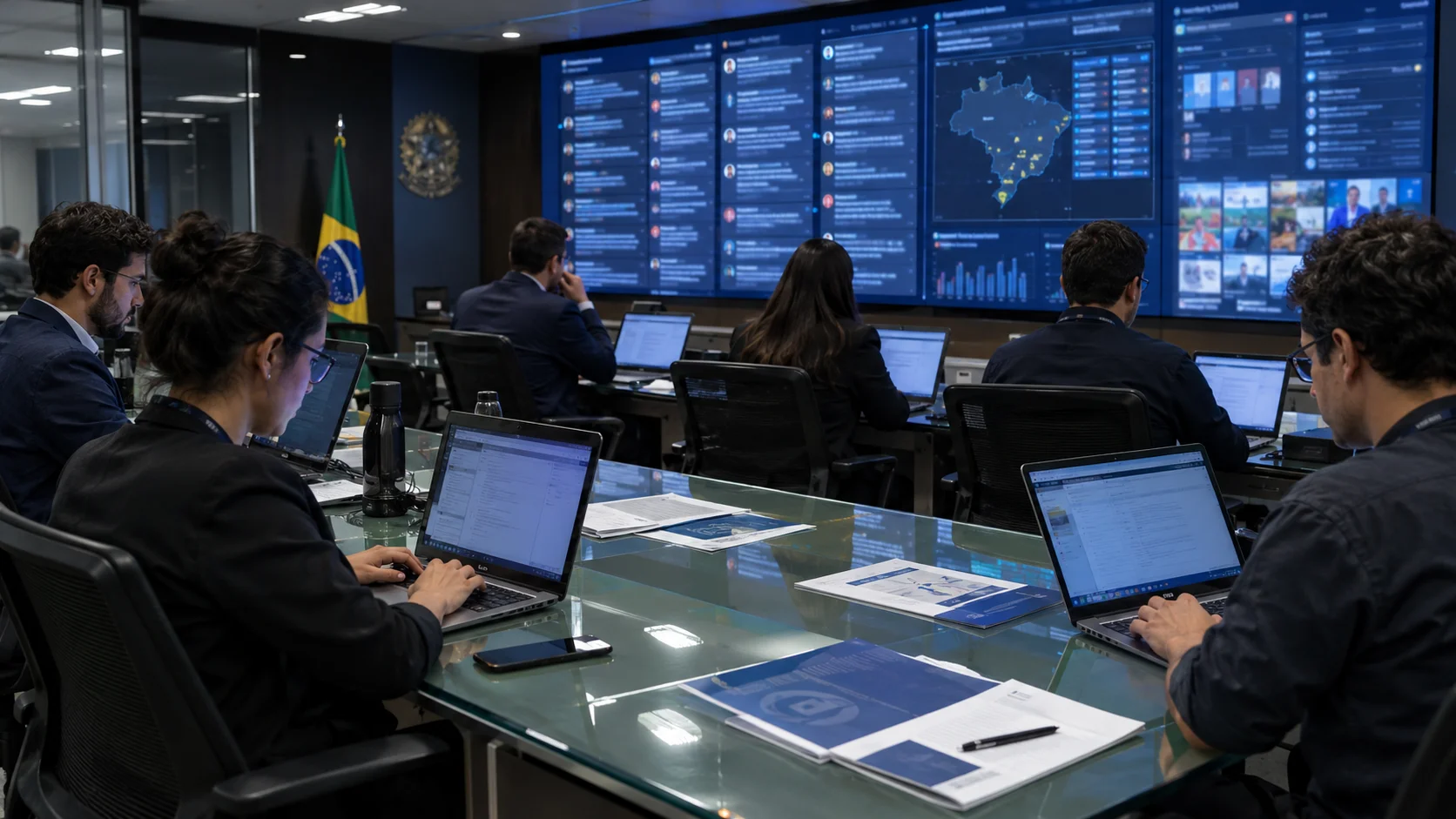 Analysts and platform liaisons in a Brasília electoral court operations room monitoring social feeds during runoff weekend