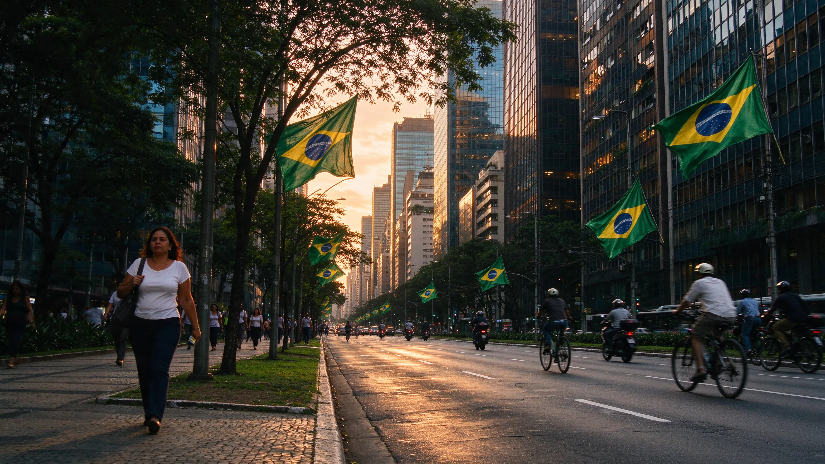 Golden-hour view along Avenida Paulista with green-and-yellow campaign flags on balconies above commuters and glass towers