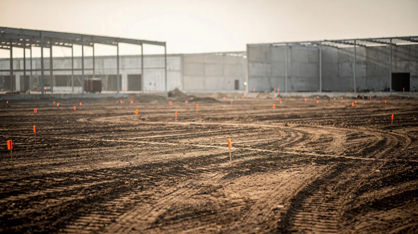 Graded empty industrial lot with survey stakes and tire tracks, warehouse shells unfinished in background
