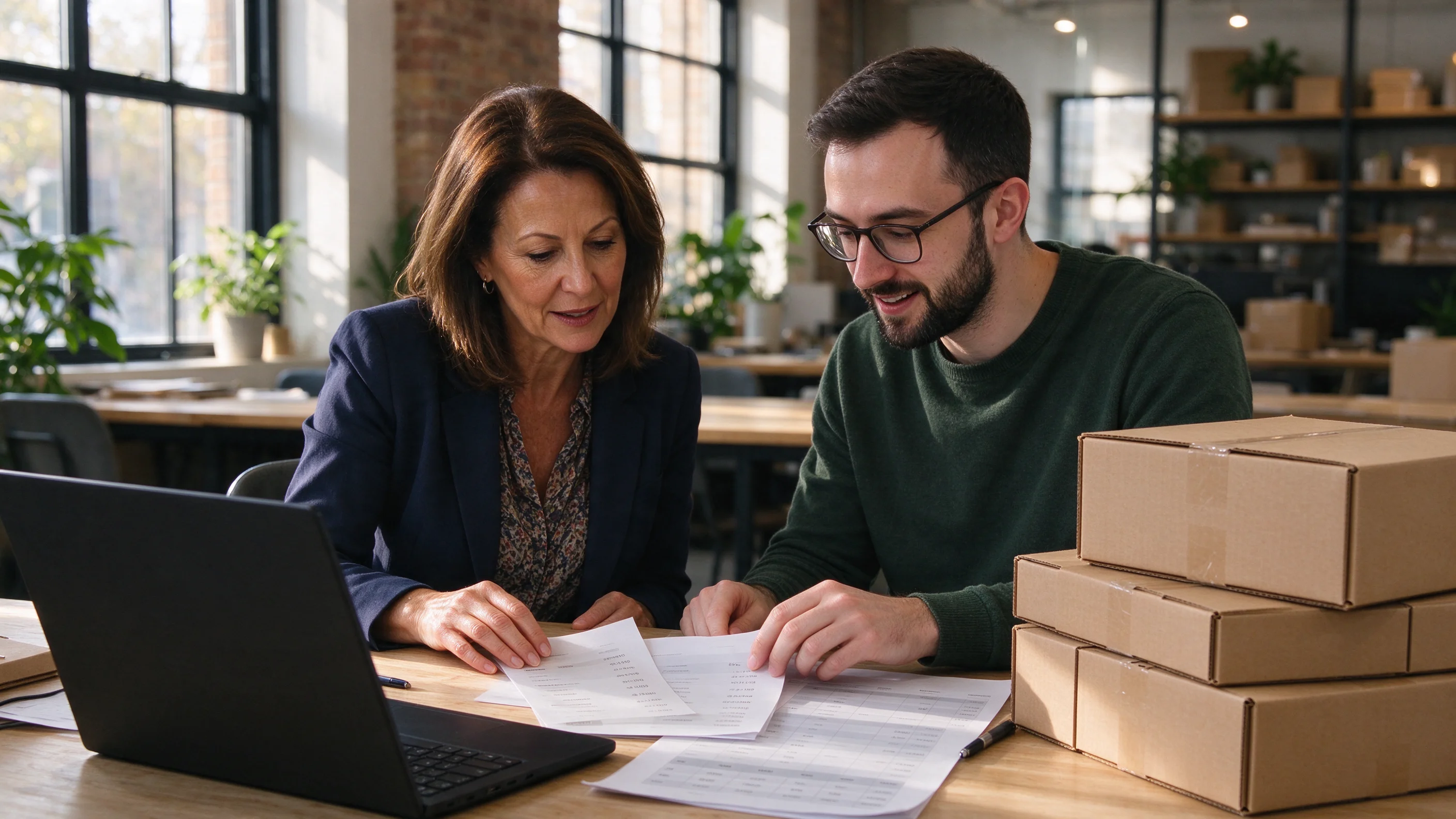 Two independent online retailers at a shared desk in a bright UK small-business hub comparing price lists beside shipping boxes