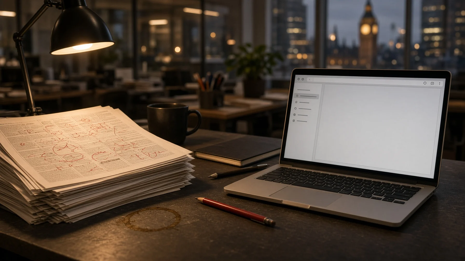 Lateral view of a publisher desk with marked page proofs beside an open laptop showing a plain browser settings pane