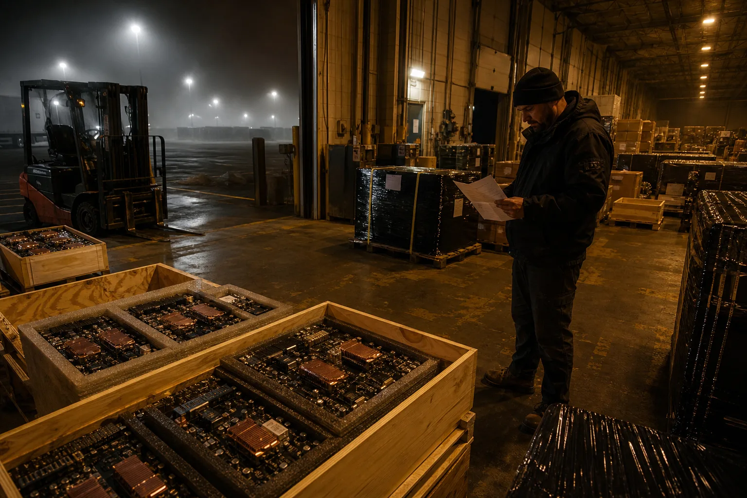 Unlabeled custom accelerator boards in open crates on a loading dock under sodium lamps