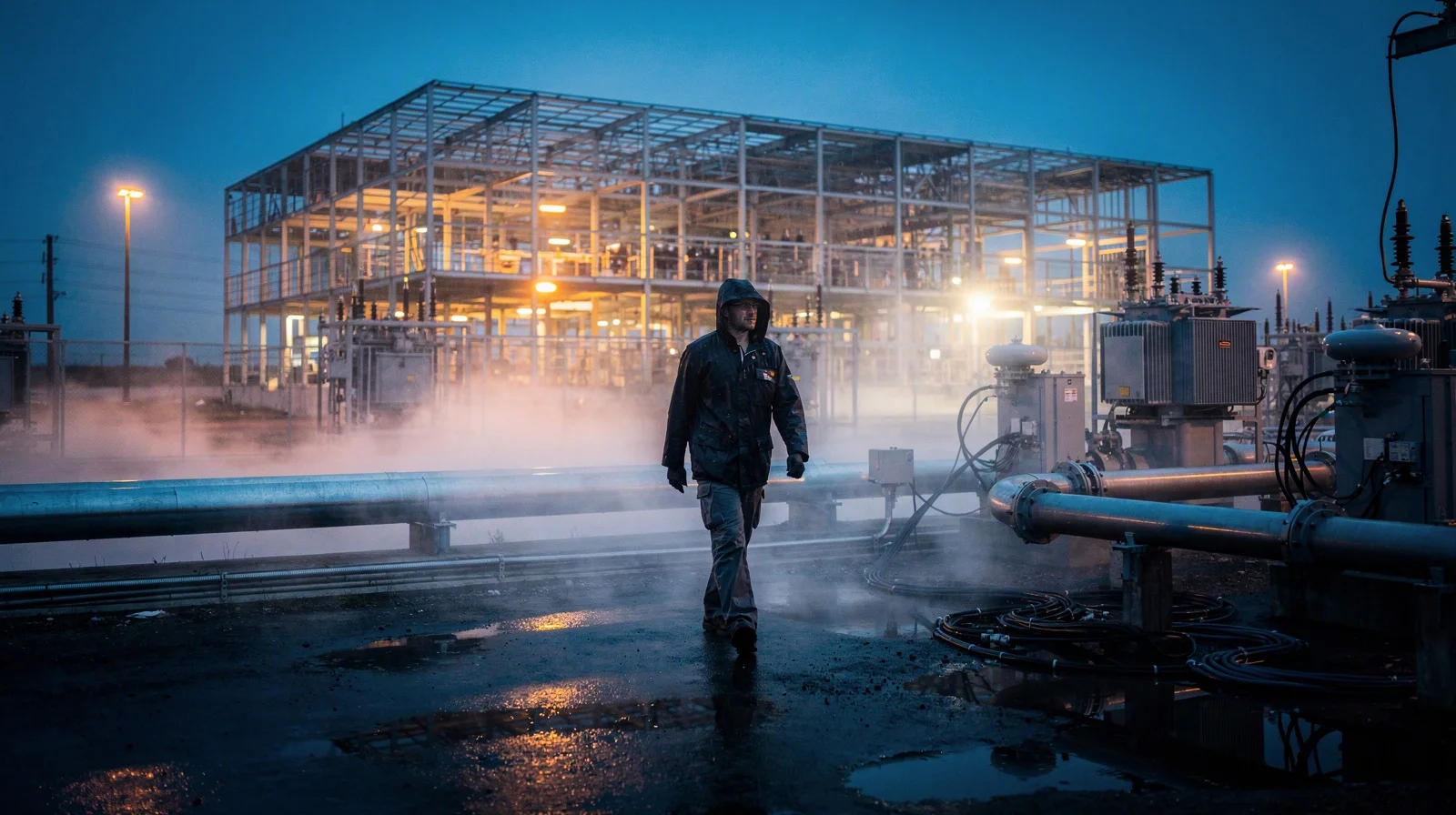 An engineer in a rain jacket walks through an illuminated power yard beside liquid-cooling pipes and a data-center shell at blue hour, no logos or text