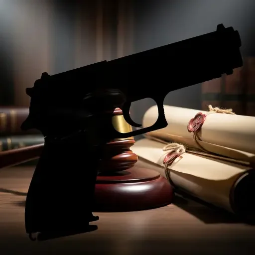 Courtroom gavel and historical documents juxtaposed with a modern handgun silhouette