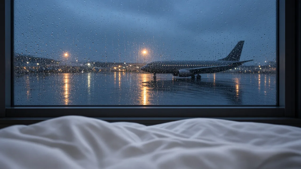 Hotel room window at blue hour, rain on glass, a jet taxiing on wet tarmac