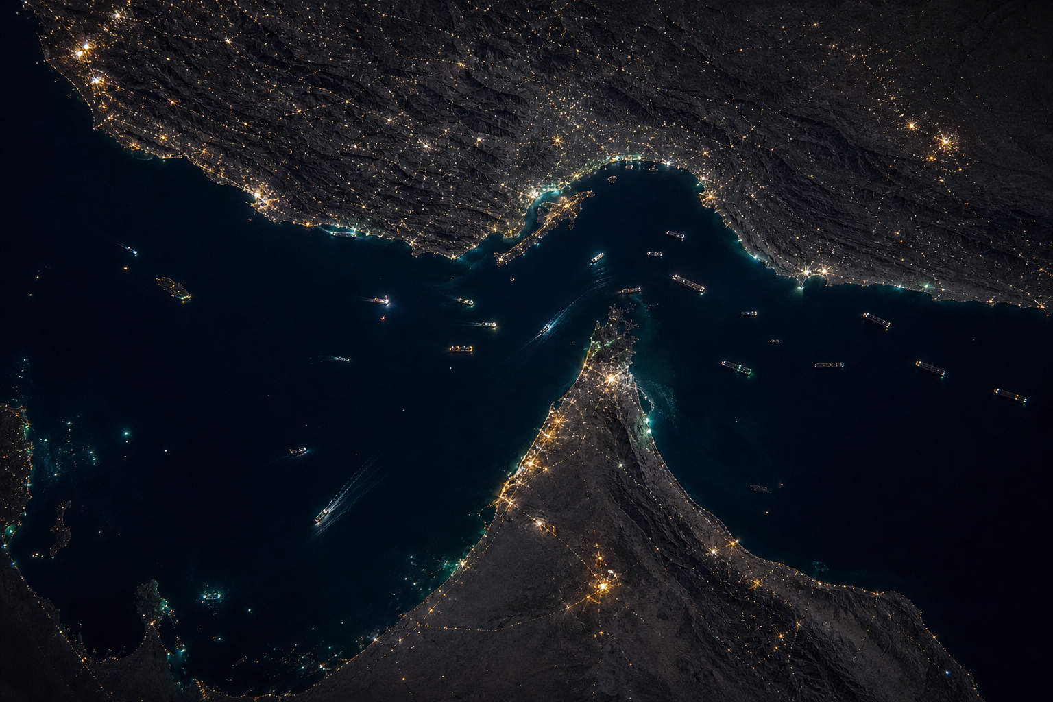 Aerial view of the Strait of Hormuz at night with scattered tanker lights and stalled shipping traffic