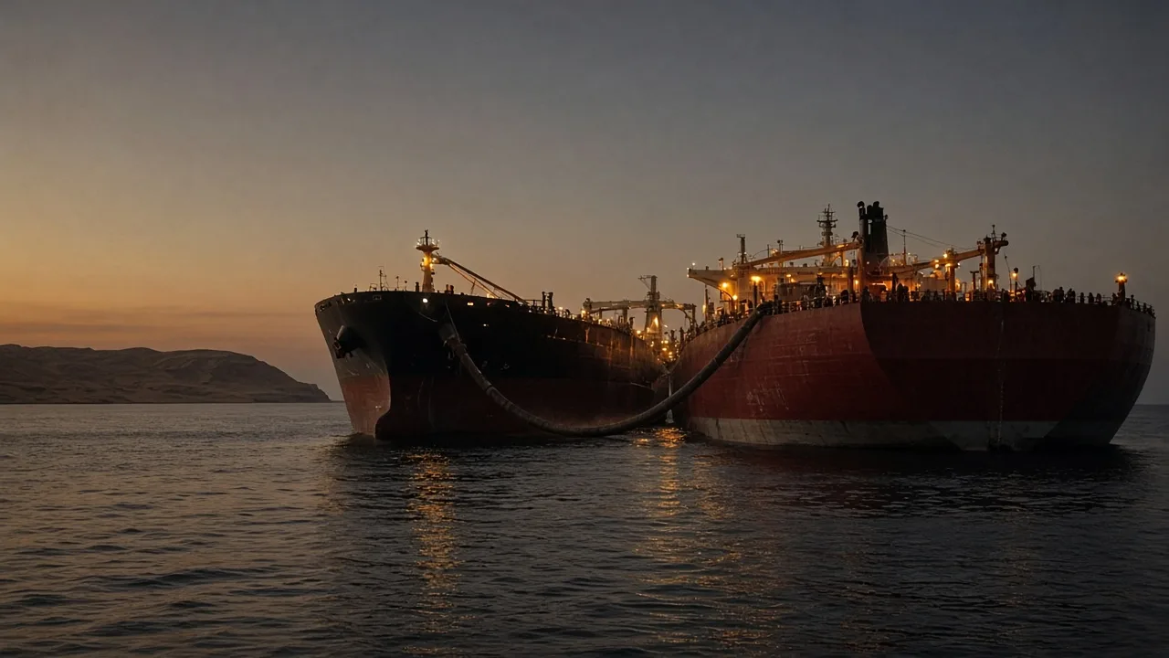 Two crude tankers rafted at dusk for a ship-to-ship transfer off an arid coast