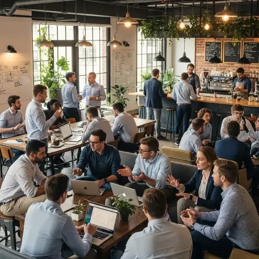 Photo of a dense coworking space with engineers and investors conversing