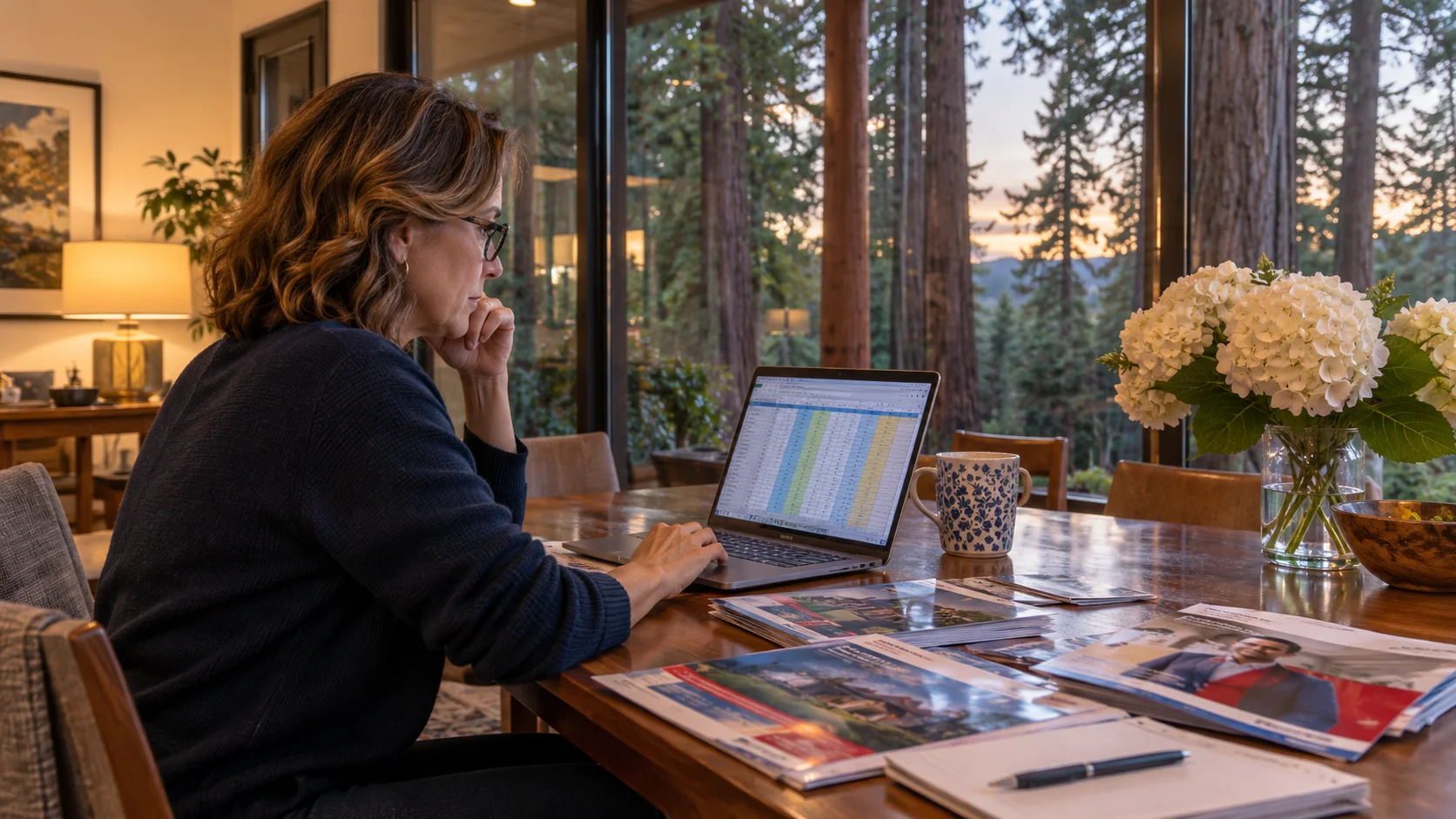 Opposition campaign mailers and a laptop showing campaign finance totals spread on a Marin county dining table at dusk, redwood trunks visible through glass