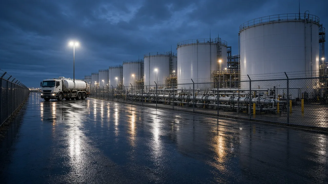 Blue-hour jet-fuel farm behind chain-link fence, white tanks and a parked bowser with hose stowed under vapor lights