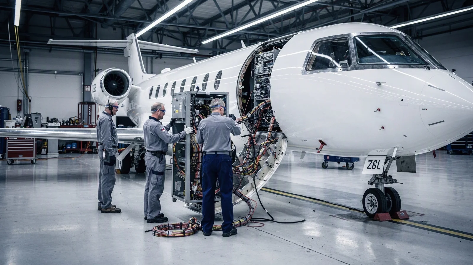 Aircraft maintenance hangar with an open avionics bay and mission-system racks being cabled into a business-jet fuselage