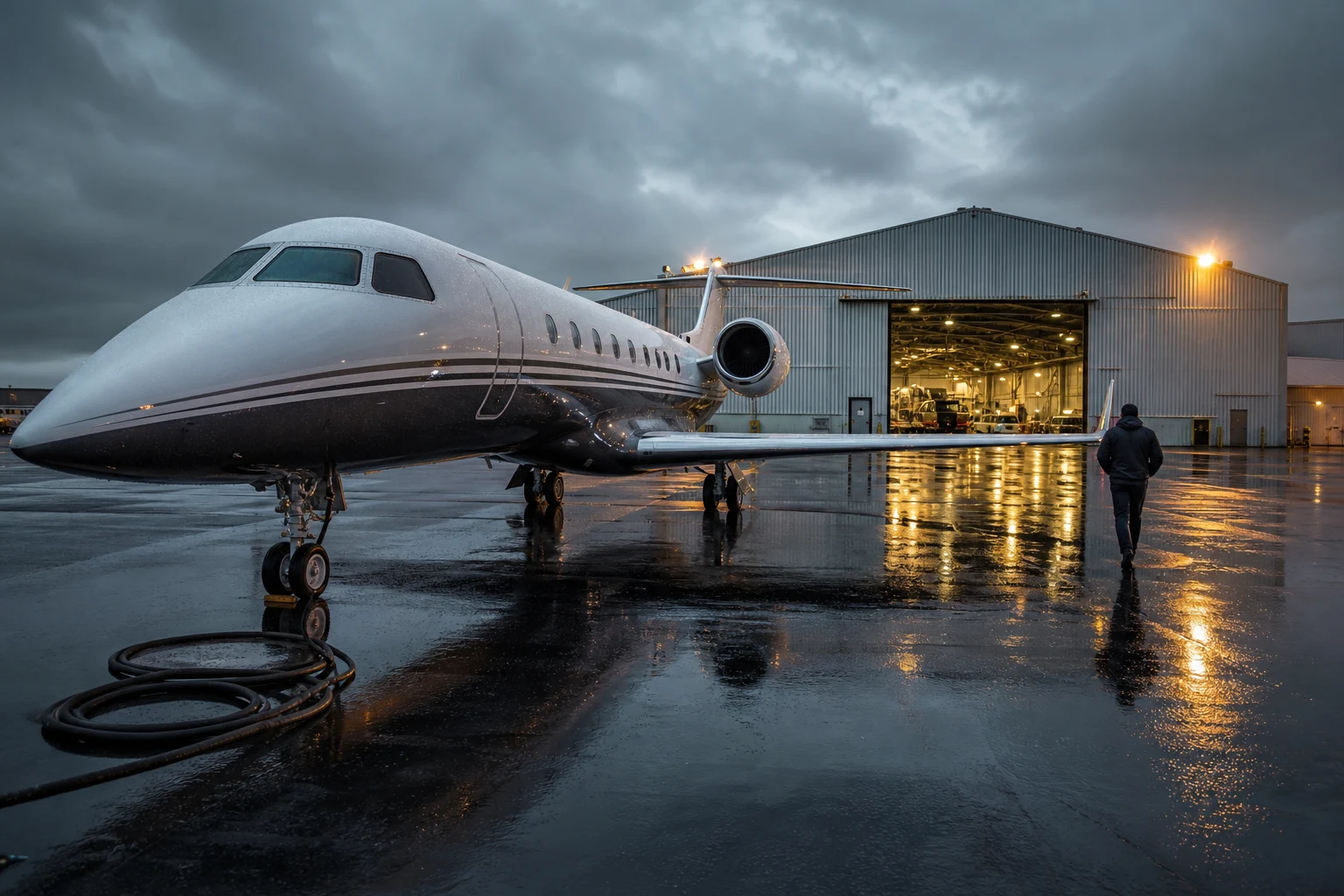 A long-range business jet on a wet dusk apron outside an unmarked hangar, rain beading on the fuselage