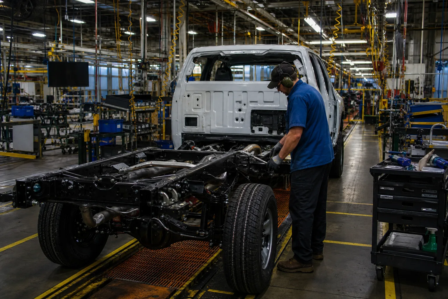 Heavy-duty pickup chassis on a truck assembly line under high-bay lights, one worker checking a bolted frame