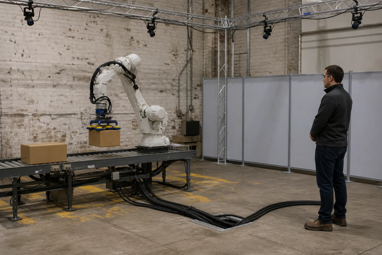 A robotic arm repeating a tote pick inside a motion-capture test cell, cables running into the floor