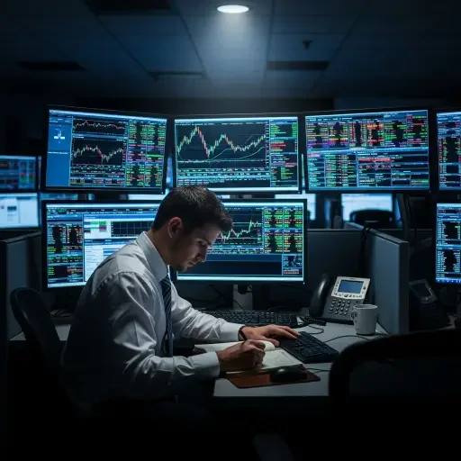 A dimly lit finance floor with screens showing markets and a lone analyst taking notes