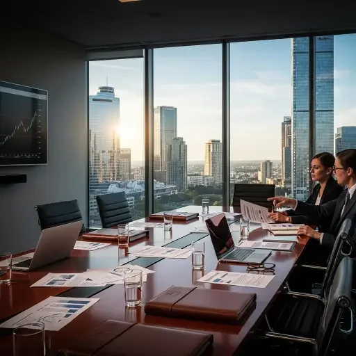 An executive briefing with printed materials in front of a large glass window overlooking a corporate district