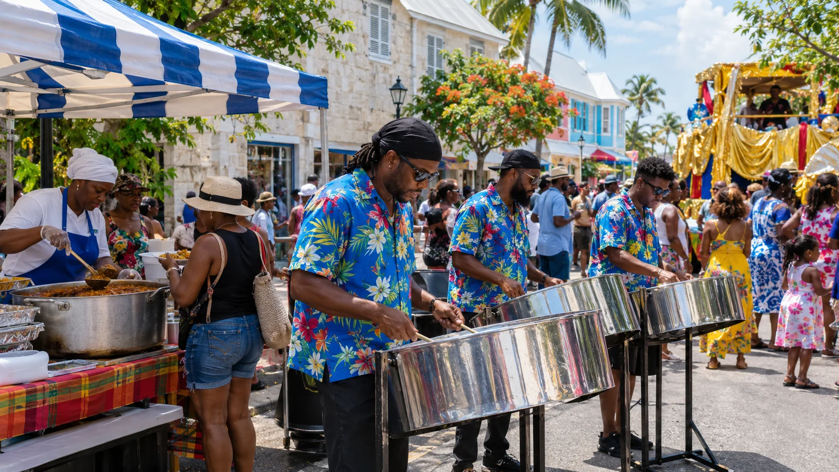 Steel-pan musicians beside a district-day food stall with a parade float frame and families on a George Town side street
