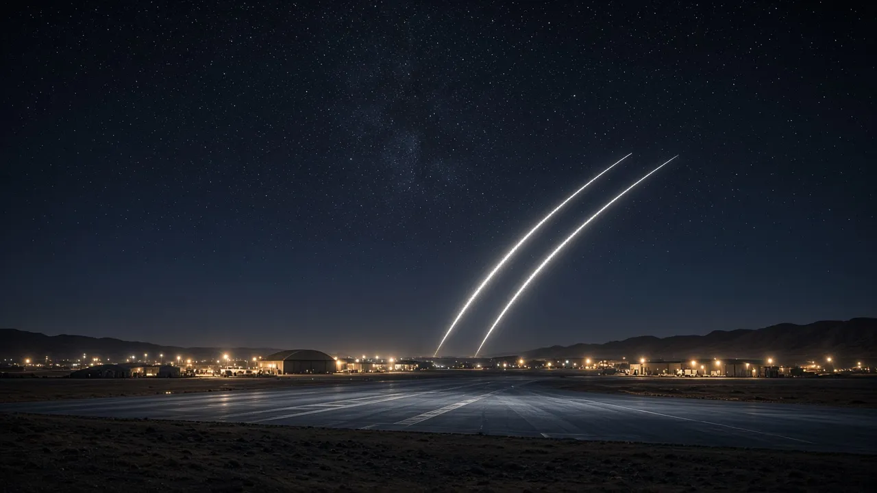 Thin interceptor trails over a desert runway at night, empty apron lights, no aircraft on the field