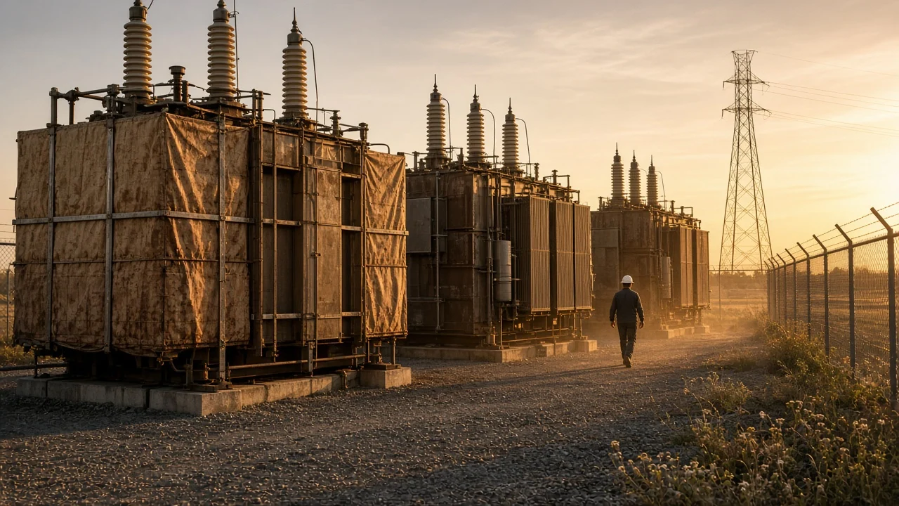 Spare high-voltage transformers on concrete pads in a utility storage yard at golden hour, some wrapped in tarps, a lineman walking between units